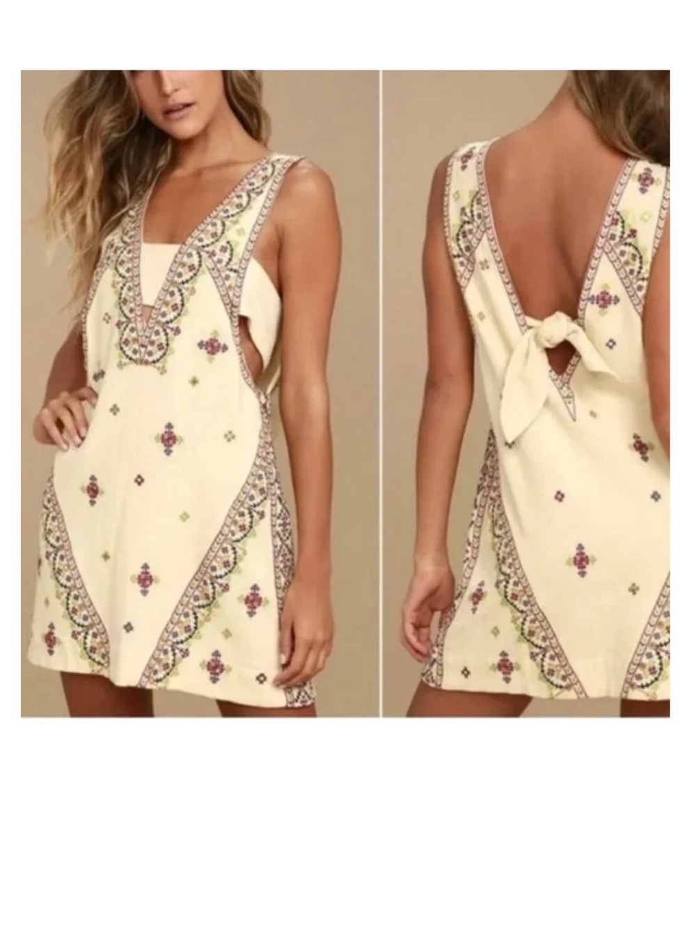 Free People Never Been Embroidered Mini Dress in Beige